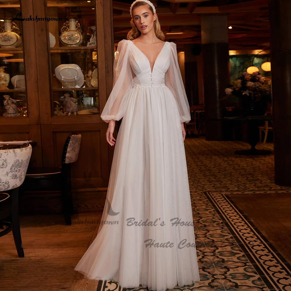 

Lakshmigown Simple A Line Tulle Boho Beach Wedding Dress 2023 Vestiti Donna Puffy Long Sleeves Bridal Dresses V Neck Backless