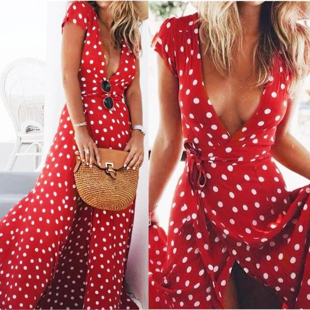 

Dress Bohemian Polka Dot Split Hem Maxi Sundress Women Summer Short Sleeve Long Dress Casual Vacation V-Neck Belted Vestidos