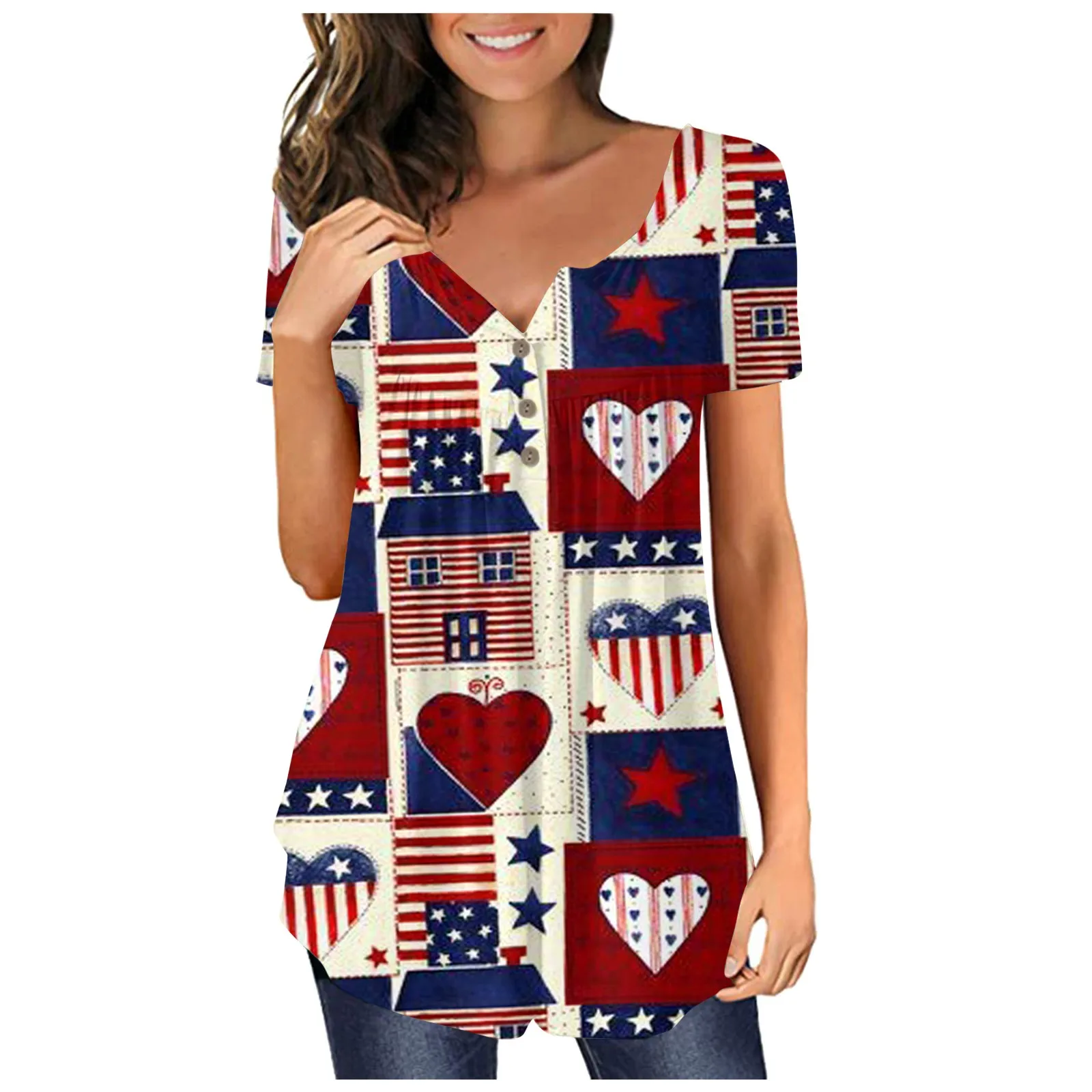 Women'S Independence Day Short Sleeve Tops Loose Tops Casual Loose Tops Pleated Tops Button Ties Tops Women Top Women Fashion
Women'S Independence Day Short Sleeve Tops Loose Tops Casual Loose Tops Pleated Tops Button Ties Tops Women Top Women Fashion