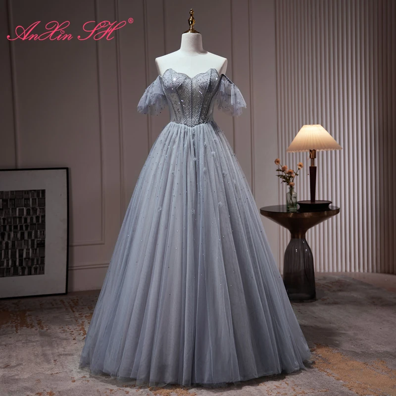 

AnXin SH princess grey sparkly lace boat neck illusion beading crystal ruffles sleeve lace up long bride a line evening dress