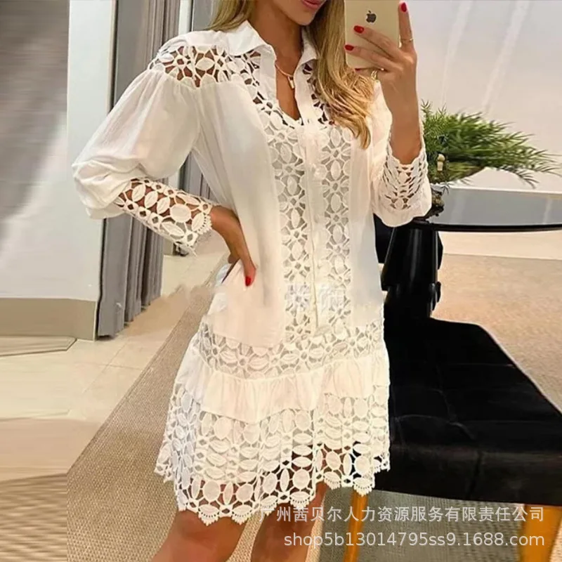 Women Dress Solid Color Openwork Lace Tassel Loose Fashion Long Sleeve Lapel Single-breasted Pullover Summer Lantern Sleeve
Women Dress Solid Color Openwork Lace Tassel Loose Fashion Long Sleeve Lapel Single-breasted Pullover Summer Lantern Sleeve