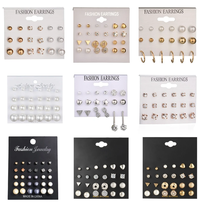 Fashion 12 pair/set Geometric Rhinestone Crystal Stud Earrings for Women Simulated Pearl Flower Piercing Earring Set Accessories 
Fashion 12 pair/set Geometric Rhinestone Crystal Stud Earrings for Women Simulated Pearl Flower Piercing Earring Set Accessories