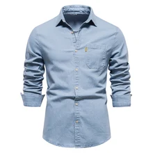 AIOPESON Autumn New Cotton Mens Denim Shirt Solid Color Single Pocket Casual Long Sleeve Shirt Autumn Jeans Shirt for Men