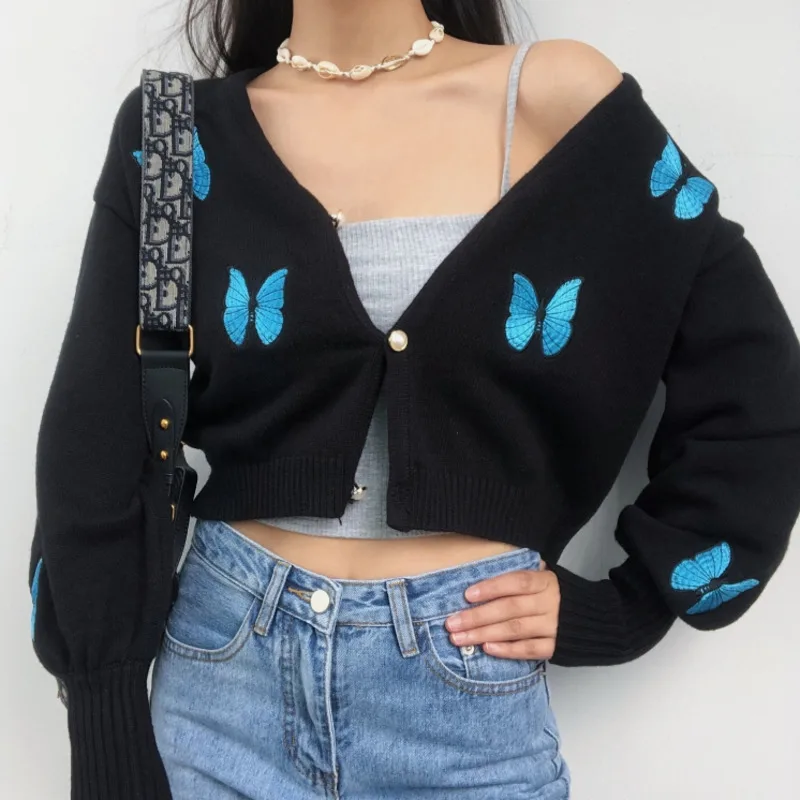 2021 Women New Y2k Butterfly Embroidery Cardigans Lantern Sleeve V Neck Sweater Coat Knitted Single Breasted Autumn Tops E Girl
2021 Women New Y2k Butterfly Embroidery Cardigans Lantern Sleeve V Neck Sweater Coat Knitted Single Breasted Autumn Tops E Girl