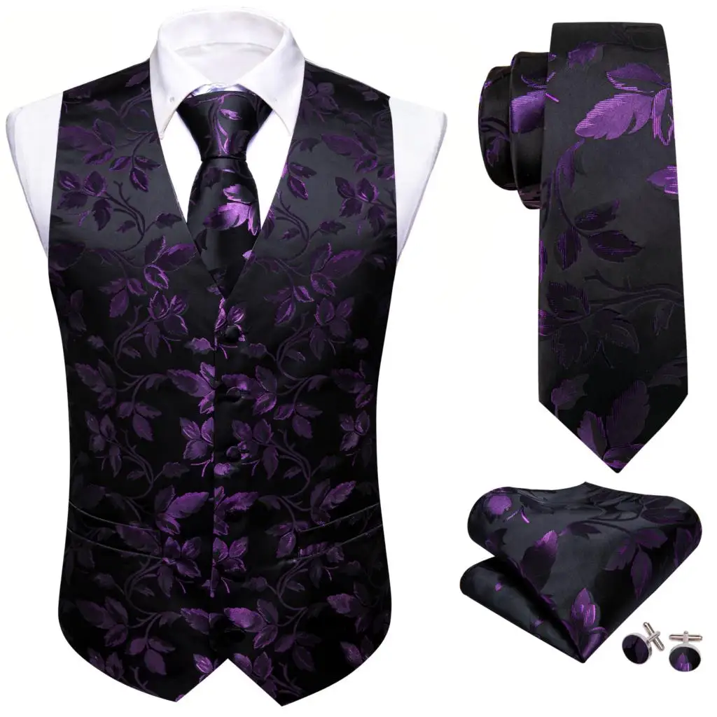 

Luxury Silk Men's Vest Black Purple Flower Waistcoat Necktie Hanky Cufflinks Set Formal Business Male Suit Barry Wang