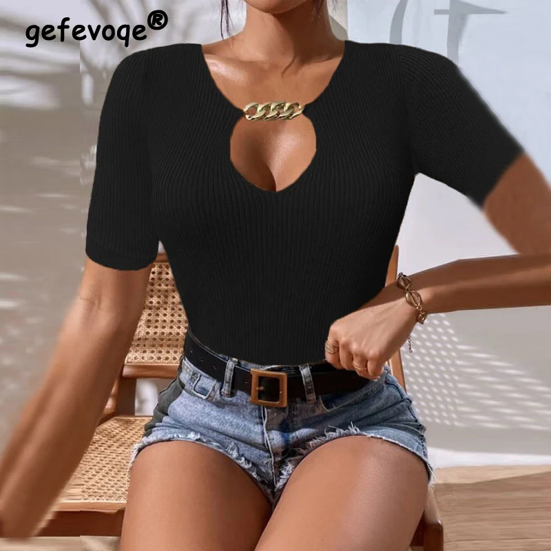 Summer Fashion Women Clothes Sexy V Neck Chain Hollow Skinny Knit Basic T-Shirt Casual Solid Elegant Pullover Office Ladies Tops
Summer Fashion Women Clothes Sexy V Neck Chain Hollow Skinny Knit Basic T-Shirt Casual Solid Elegant Pullover Office Ladies Tops