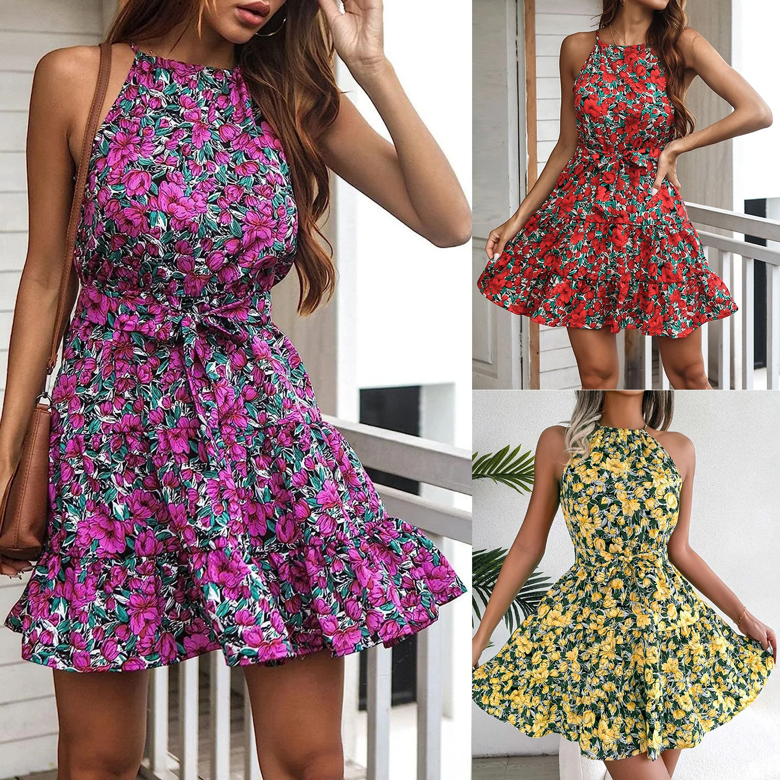 Women Mini Dress A-Line Ruffled Hem Dress Lace Up Printing Neck Mounted O-Neck Summer Female Party Dress
Women Mini Dress A-Line Ruffled Hem Dress Lace Up Printing Neck Mounted O-Neck Summer Female Party Dress