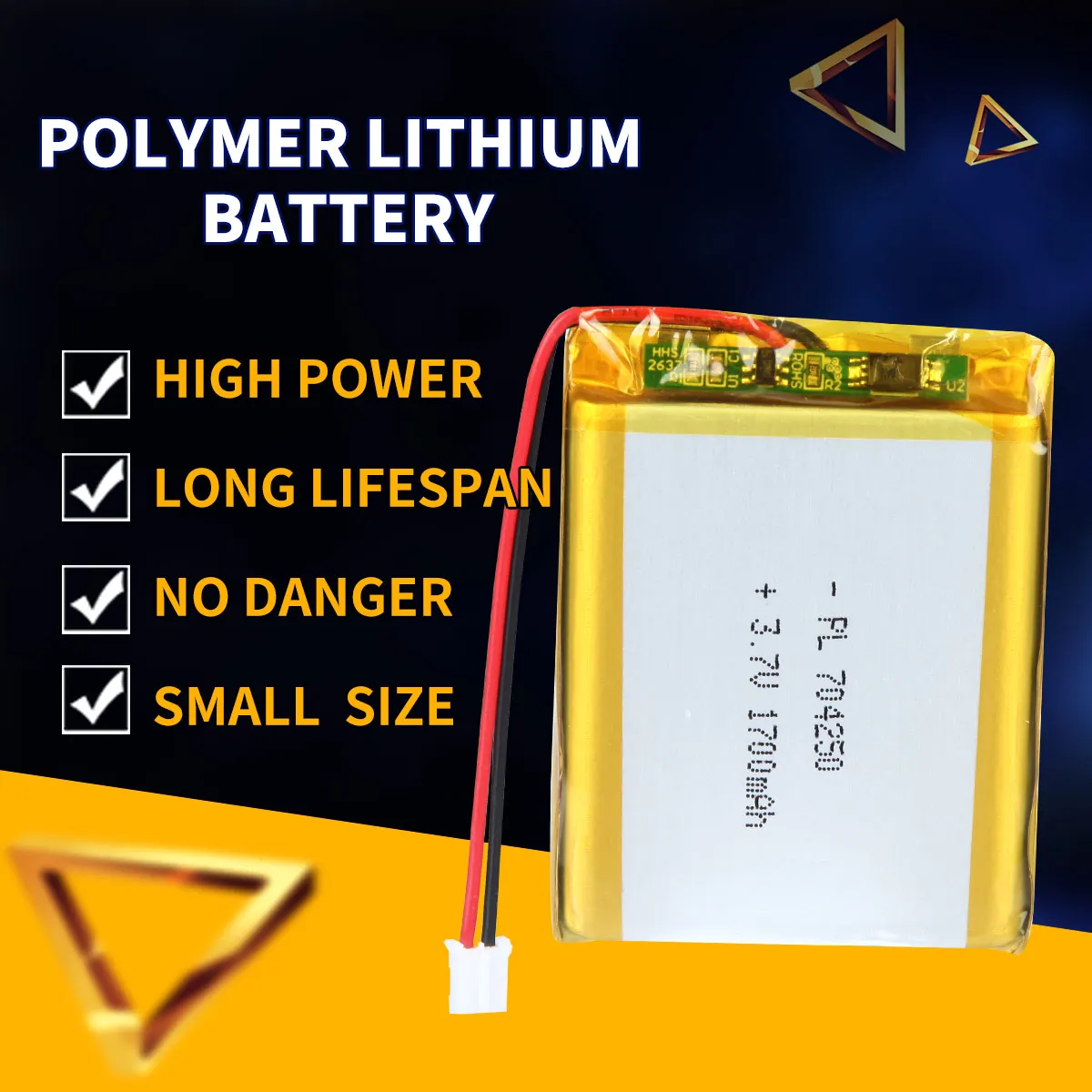3.7V 1700mAh 704250 High Capacity Polymer Lithium Battery Rechargeable Li-ion Li-po for Mini Drone Headset Watch Robot Toy
3.7V 1700mAh 704250 High Capacity Polymer Lithium Battery Rechargeable Li-ion Li-po for Mini Drone Headset Watch Robot Toy