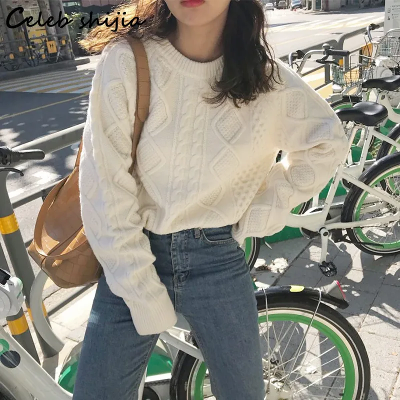 

SHIJIA White Twist Sweater Woman O-neck Autumn Winter 2023 Long Sleeve Jumper Korean Warm Chic Knitted Pullover Woman Fall