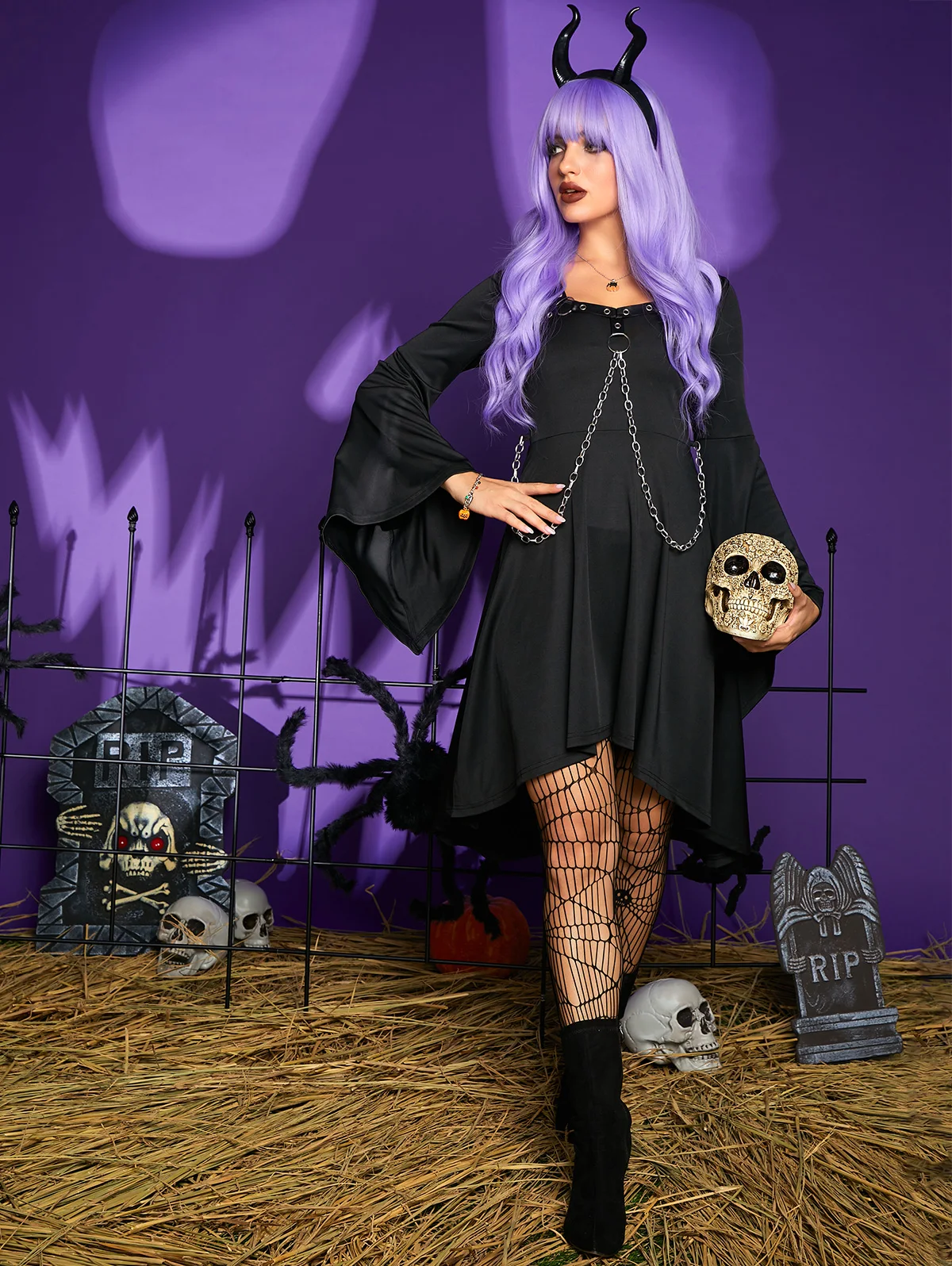 

Dressfo Halloween Costume Flare Sleeve Sling Chain Detail High Low Dress New Evening Dresses