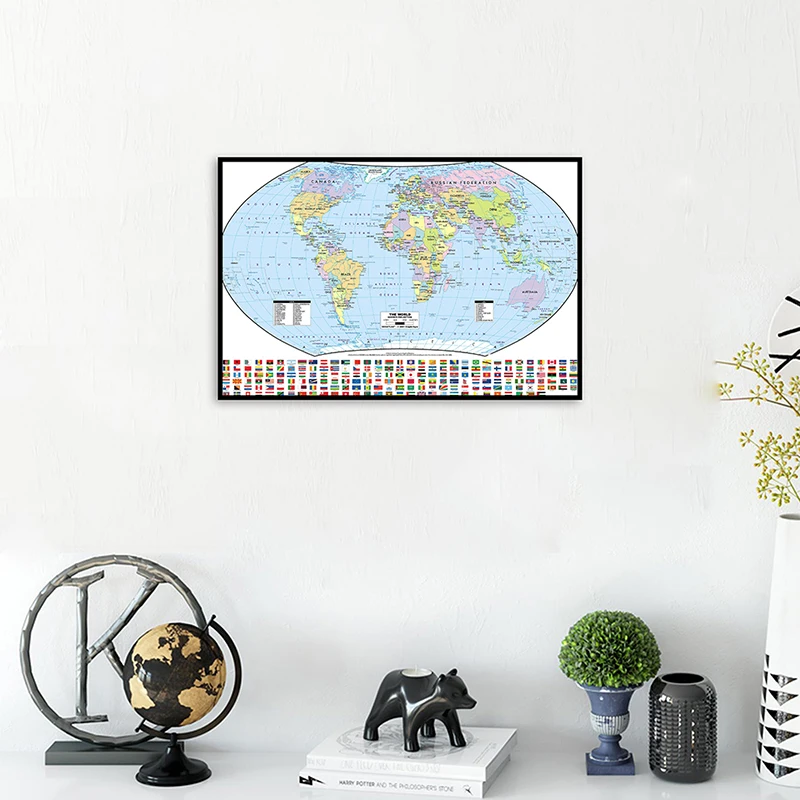 

90*60cm World Map with National Flags Wall Art Posters and Prints Non-woven Canvas Paintings Room Home Decor Office Supplies