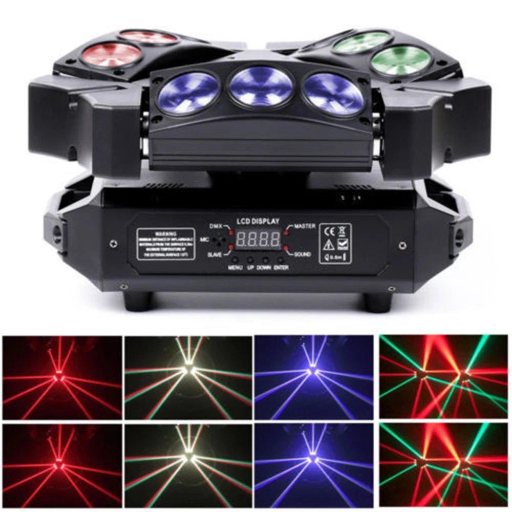 

Spider Moving DJ 9 LEDs Heads Light X 10W RGB Stage Lighs 12/19 Channels DMX-512 Sound Activated Great for Wedding Disco