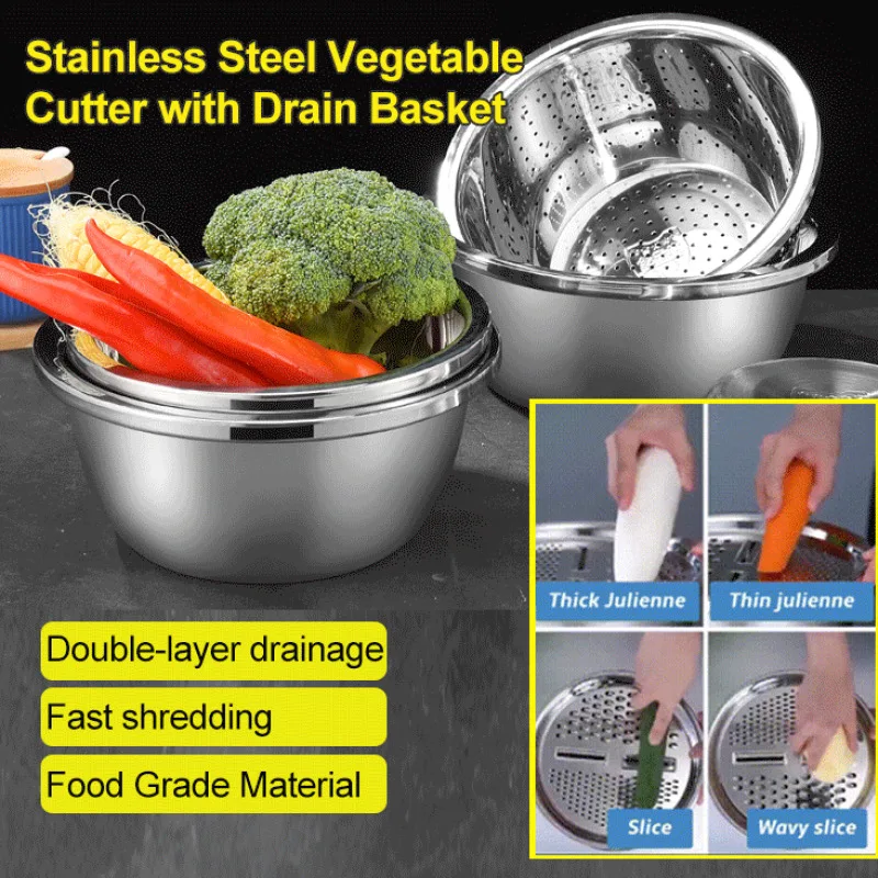 Stainless Steel Vegetable Cutter with Drain Basket 다기능 주방용 3종 세트 26/28CM thickened 3-piece set
Stainless Steel Vegetable Cutter with Drain Basket 다기능 주방용 3종 세트 26/28CM thickened 3-piece set