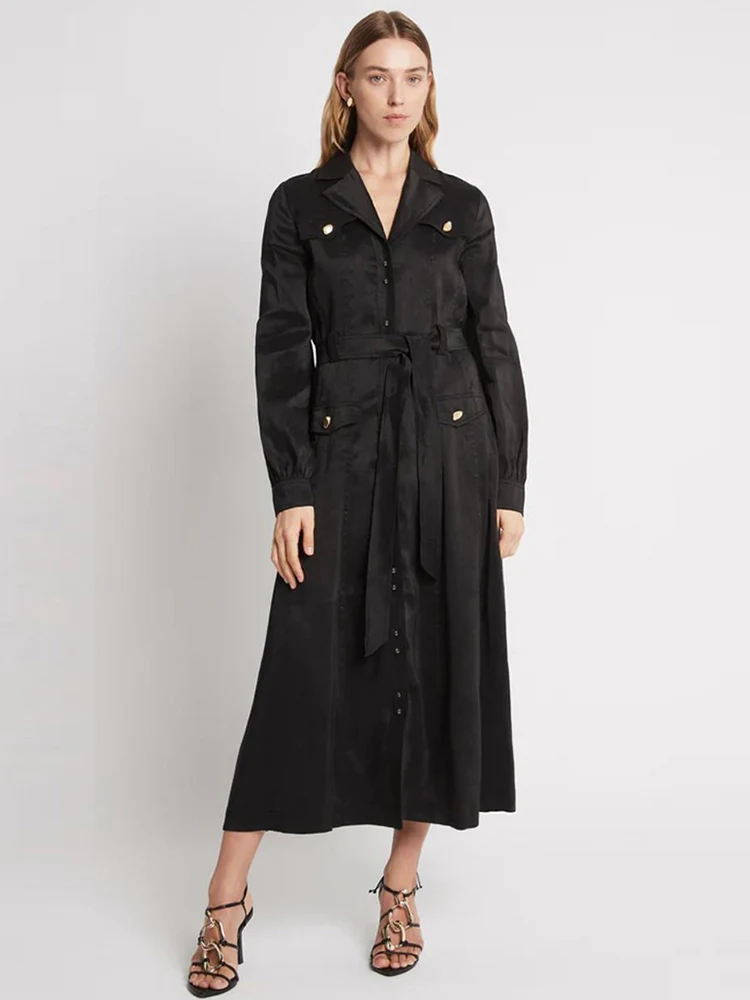Retro Solid Color Tooling Pocket Lapel Single Breasted Tie Waist Long Sleeve Dress Ladies Autumn New Fashion Loose Swing Skirt
Retro Solid Color Tooling Pocket Lapel Single Breasted Tie Waist Long Sleeve Dress Ladies Autumn New Fashion Loose Swing Skirt