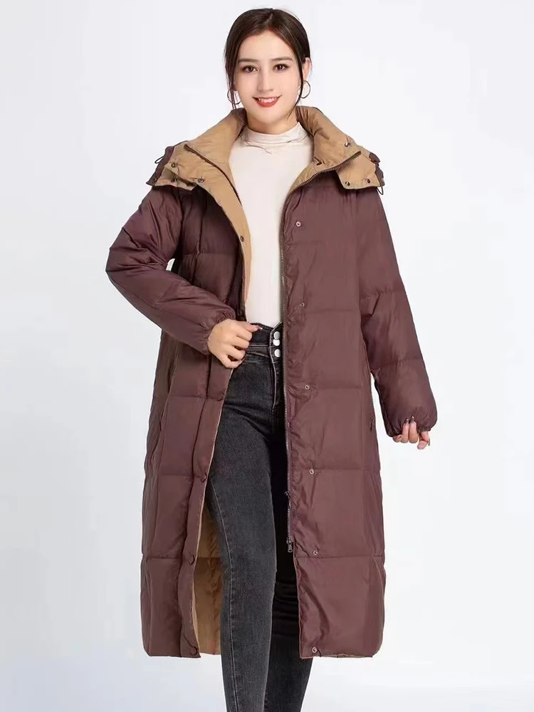2022 New Fashion Style 90% White Duck Down Jacket Women Light Ultra Long Warmth Hooded Loose Fit Contrast Color Puffer Overcoat
2022 New Fashion Style 90% White Duck Down Jacket Women Light Ultra Long Warmth Hooded Loose Fit Contrast Color Puffer Overcoat