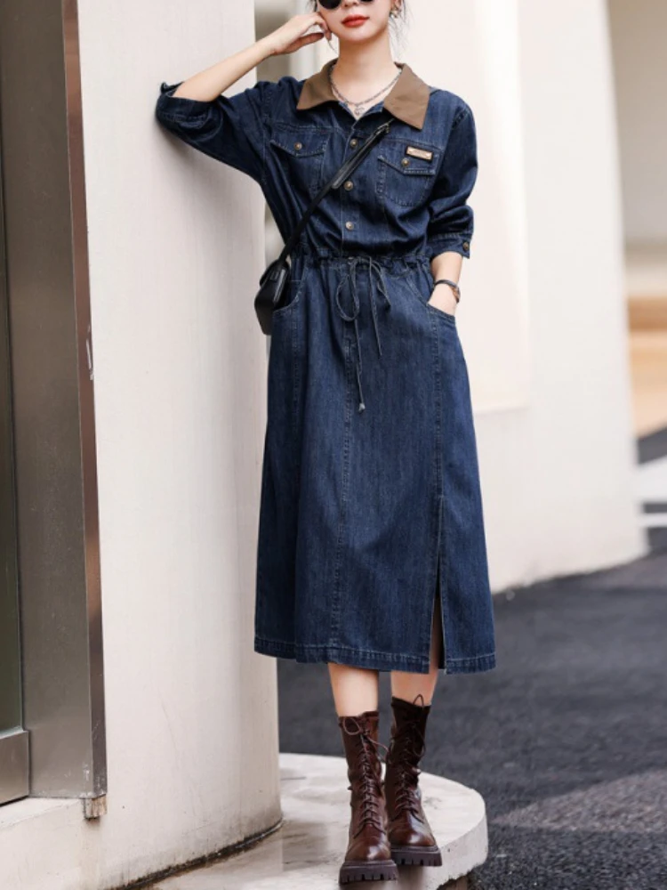 Dress for Women Autumn Korean Fashion Vintage Casual Solid Denim Dress A-line Long Sleeve Top Split Loose Oversize Lady Clothing 
Dress for Women Autumn Korean Fashion Vintage Casual Solid Denim Dress A-line Long Sleeve Top Split Loose Oversize Lady Clothing