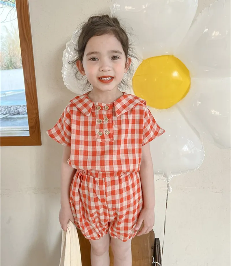 orange plaid pattern sweet girls' suit summer kids 2pcs clothing set Cotton Navy Collar Short Sleeve T-Shirt + Shorts
orange plaid pattern sweet girls' suit summer kids 2pcs clothing set Cotton Navy Collar Short Sleeve T-Shirt + Shorts