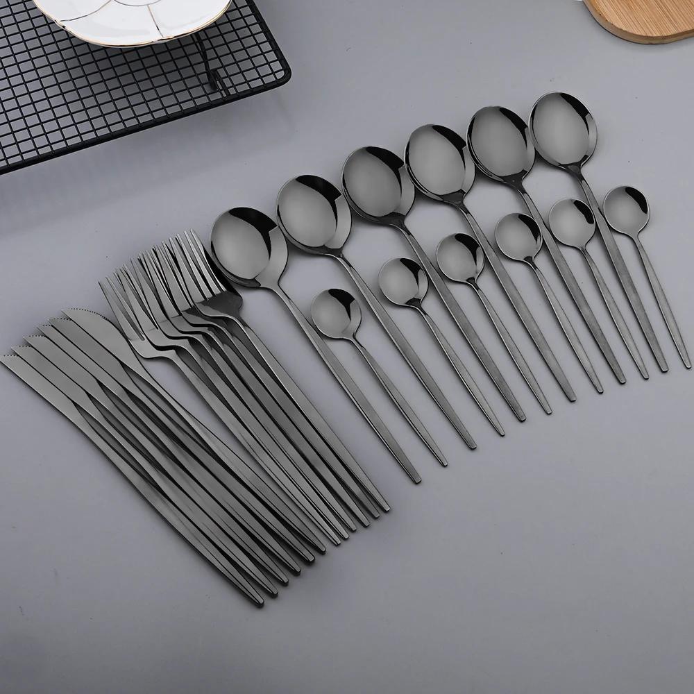 

Набор столовых приборов Zoseil из нержавеющей стали, зеркальный нож, вилка, чайная ложка, набор черной посуды, столовые приборы для кухни и ужина в западном стиле, 24 шт.