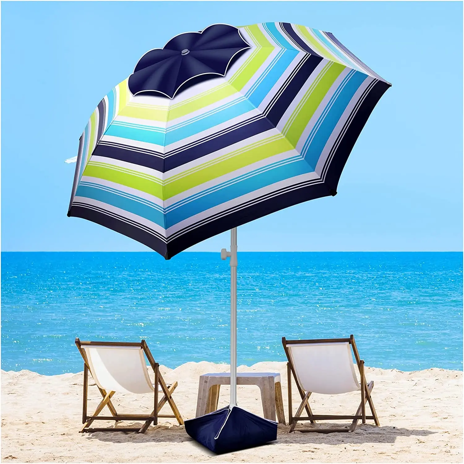 

8FT Large Beach Umbrella, Portable Outdoor Umbrella with UPF50+ UV Protection, Sandbag, Sand Anchor, Push Button Tilt Pole