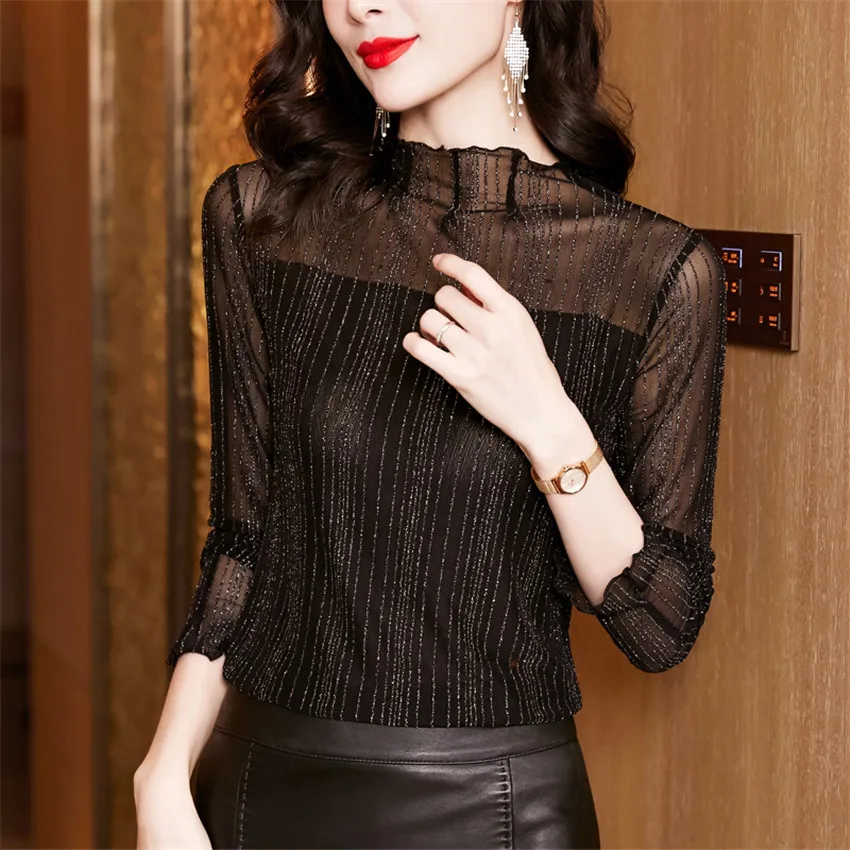 Autumn Winter High Neck Undershirt Tops Black Mesh Shirt Women Sexy Sheer Glitter Fashion Blouse Long Sleeve T-Shirt Female
Autumn Winter High Neck Undershirt Tops Black Mesh Shirt Women Sexy Sheer Glitter Fashion Blouse Long Sleeve T-Shirt Female