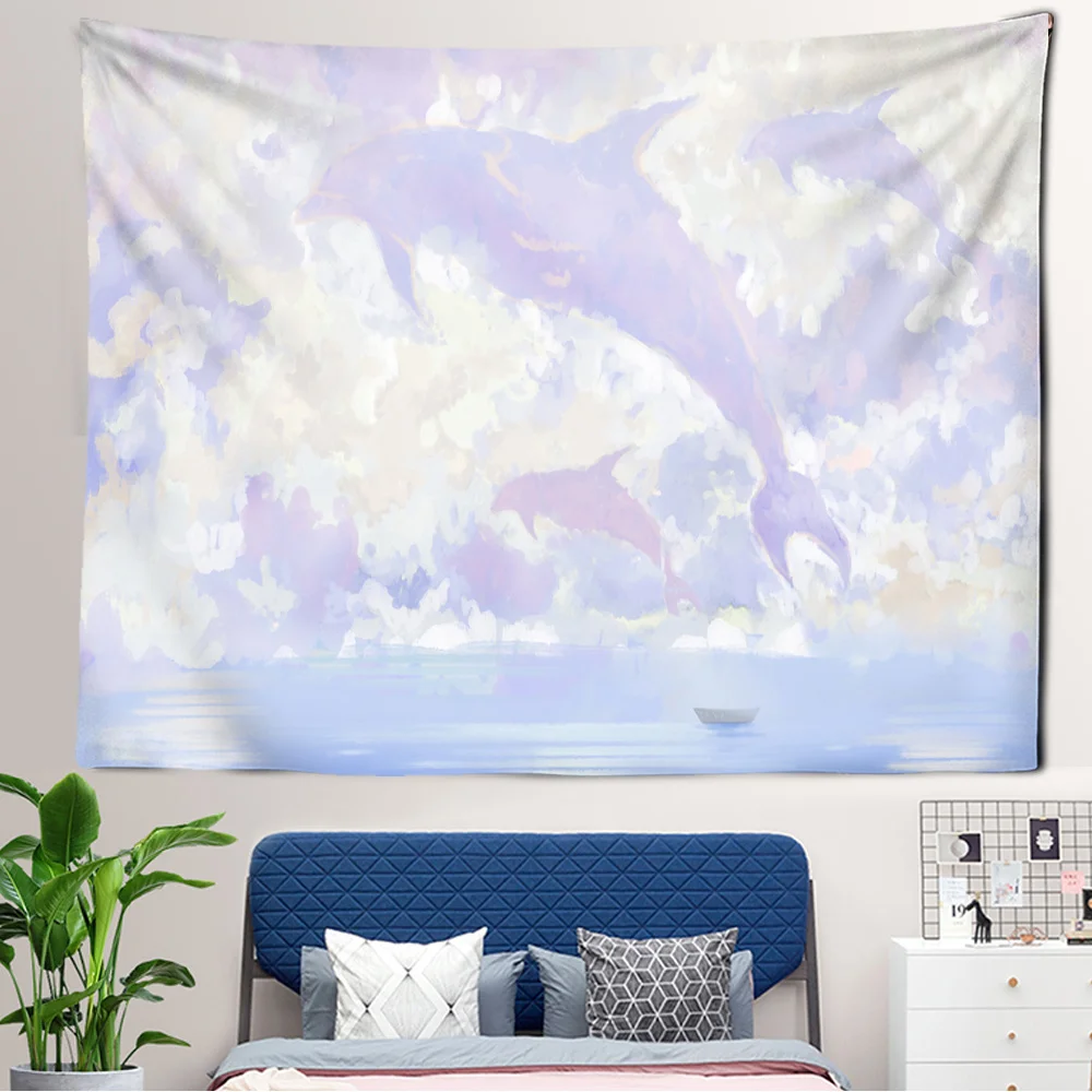

Cartoon Comic Sky Dolphin Tapestry Wall Hanging Pink Purple Cloud Tapestry Bedroom Wall Decor