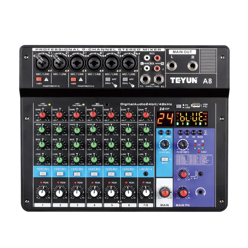 TEYUN A8 Audio Mixer Sound Board Console Table with 8 Channel, USB, Bluetooth, 24DSP Computer Input, 48V Phantom Power
TEYUN A8 Audio Mixer Sound Board Console Table with 8 Channel, USB, Bluetooth, 24DSP Computer Input, 48V Phantom Power