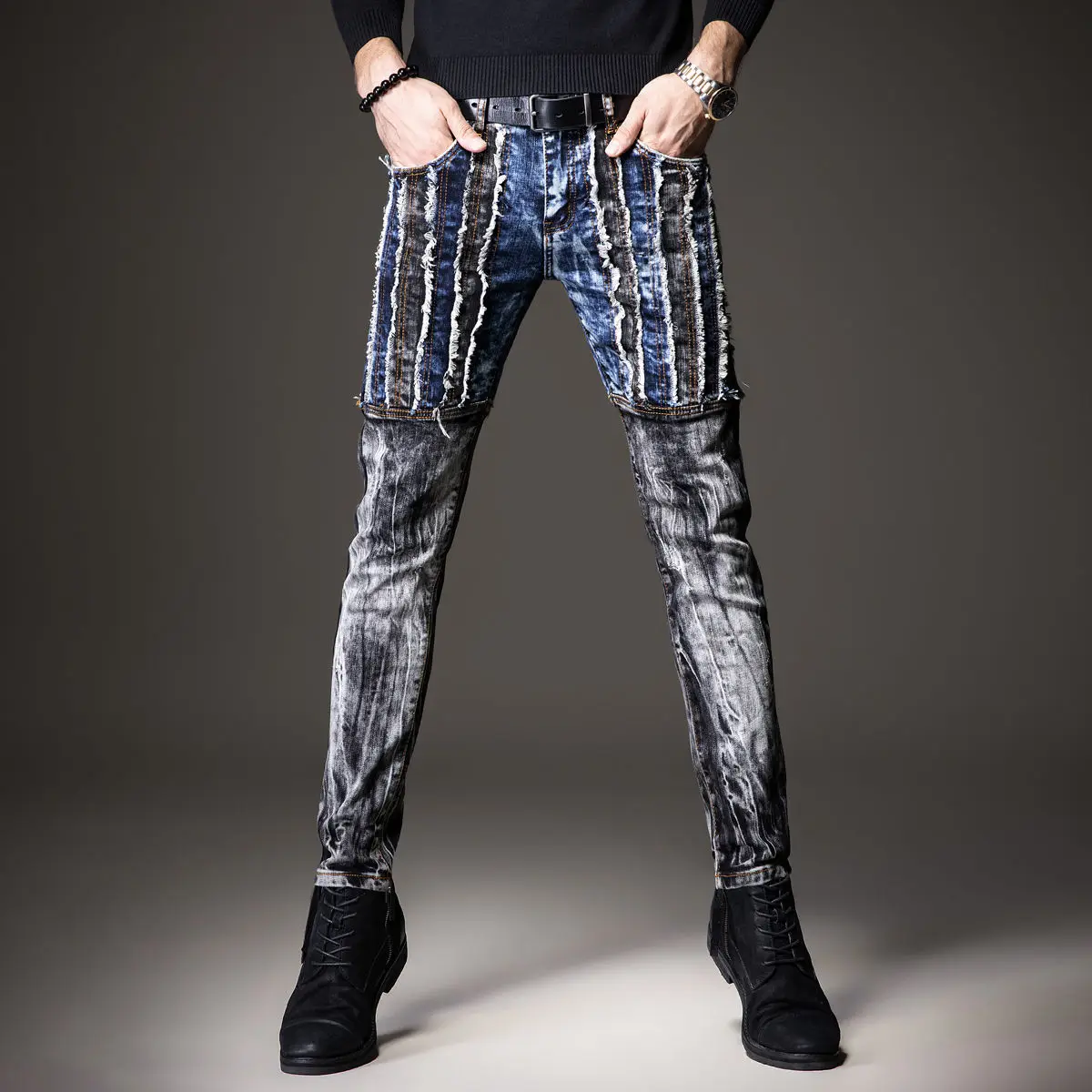 Tide brand stitching jeans men's colors, color, color, slim feet elastic retro trend wild trousers
Tide brand stitching jeans men's colors, color, color, slim feet elastic retro trend wild trousers