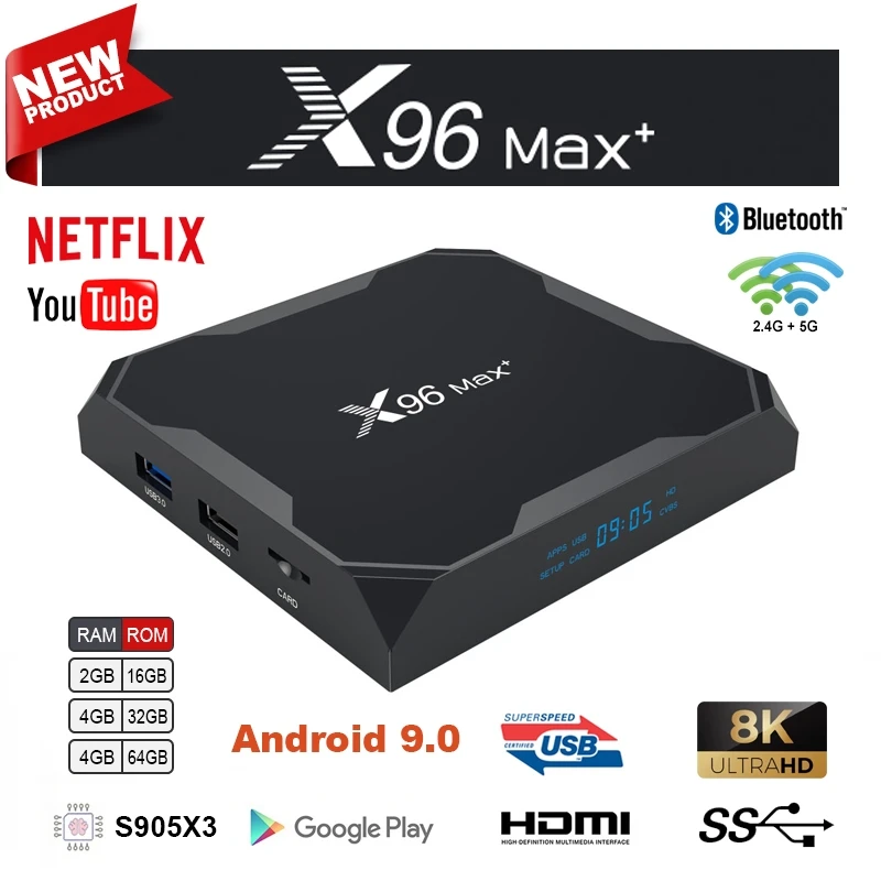 ТВ-приставка X96 MAX Plus, Android, четырехъядерная Amlogic S905X3, 2 ГБ, 4 ГБ, 16/32/64 ГБ, двойной Wi-Fi, BT, H.265, 8K, 24 кадра в секунду, поддержка Youtube, X96Max
ТВ-приставка X96 MAX Plus, Android, четырехъядерная Amlogic S905X3, 2 ГБ, 4 ГБ, 16/32/64 ГБ, двойной Wi-Fi, BT, H.265, 8K, 24 кадра в секунду, поддержка Youtube, X96Max