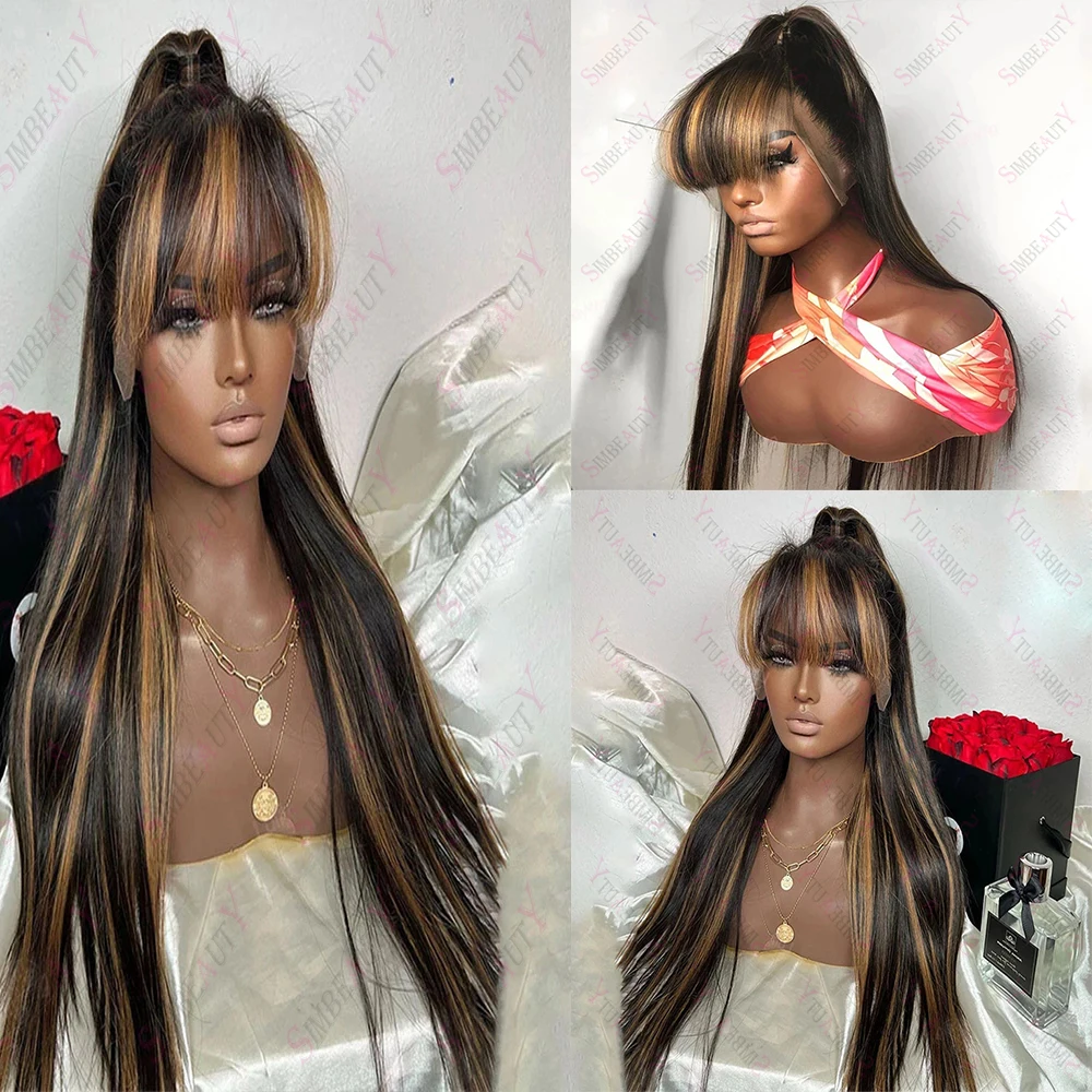 

Silky Straight Highlight Color 200 Density Full Lace Human Hair Women Wigs Fringe 13x4 Lace Frontal Wig with Bangs Indian Remy
