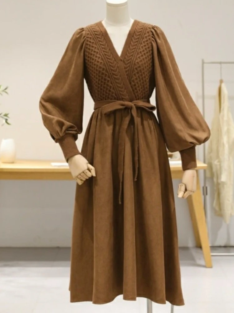 Female Dresses Autumn Winter 2023 Solid Color V-neck Lantern Sleeve Elegant Dress Sweater Long Skirt Women Clothes Party Dresses 
Female Dresses Autumn Winter 2023 Solid Color V-neck Lantern Sleeve Elegant Dress Sweater Long Skirt Women Clothes Party Dresses