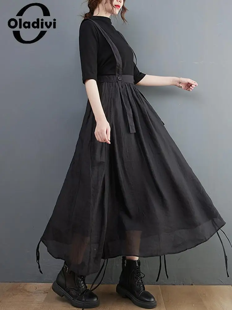 

Oladivi Large Size Women Long Skirts with Strap Fashion Ladies Summer Korean Style Oversized Casual Loose Black Skirt 9511 L-3XL