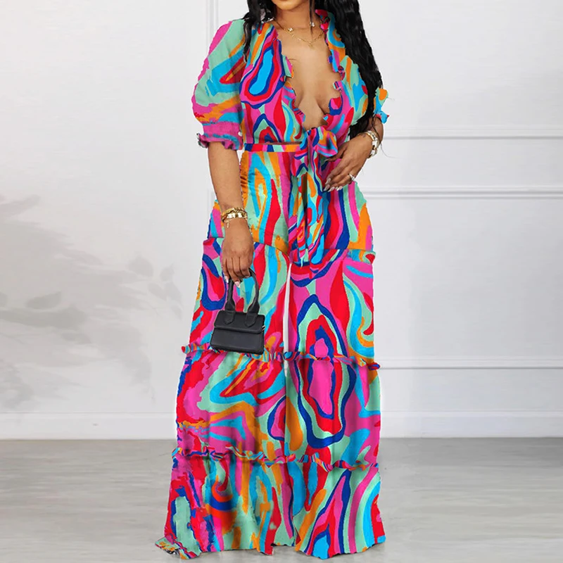 Retro Printed Women's Set Sexy Deep V Ruffle Tie Up Short Sleeve Top+Wide Leg Pants Suits Autumn Fashion Loose Commuter Outfits
Retro Printed Women's Set Sexy Deep V Ruffle Tie Up Short Sleeve Top+Wide Leg Pants Suits Autumn Fashion Loose Commuter Outfits