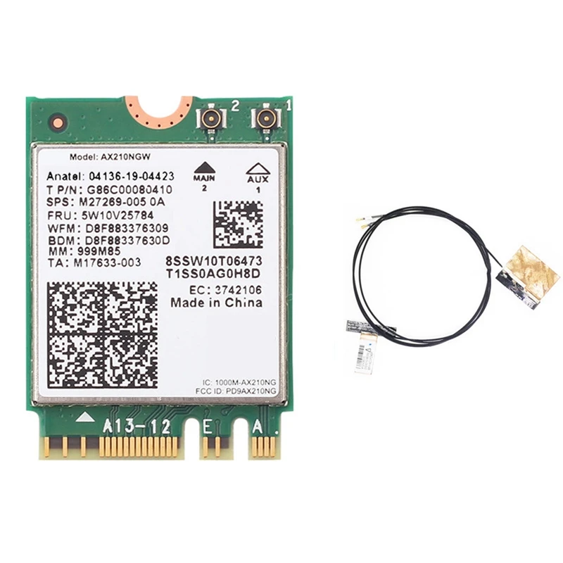 AX210NGW Wireless Network Card+2 Built-In Antennas WIFI 6E Gigabit NGFF M.2 2.4G/5G/6G Tri-Band Wireless Network Card
AX210NGW Wireless Network Card+2 Built-In Antennas WIFI 6E Gigabit NGFF M.2 2.4G/5G/6G Tri-Band Wireless Network Card