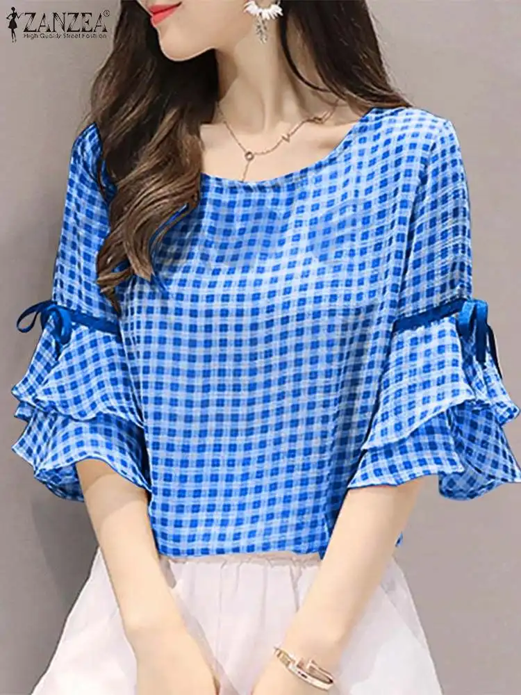 Fashion Check Tops Women Summer Blouse ZANZEA 2022 Casual Lace-Up Flounce Sleeve Blusas Female O Neck Tunic Shirts Oversized
Fashion Check Tops Women Summer Blouse ZANZEA 2022 Casual Lace-Up Flounce Sleeve Blusas Female O Neck Tunic Shirts Oversized