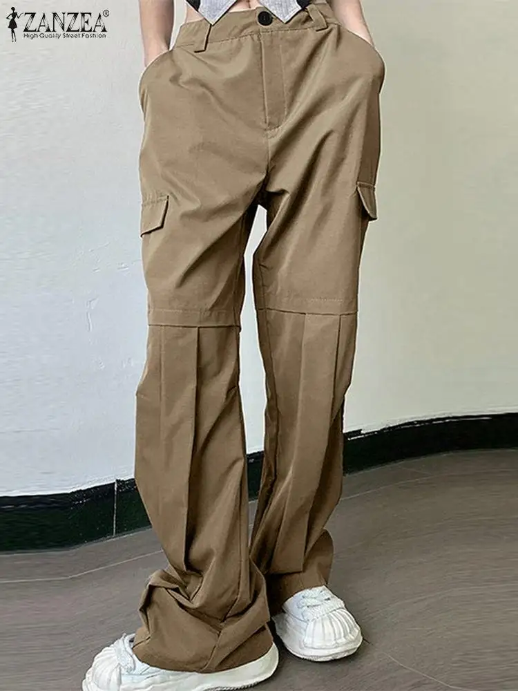 

Брюки-карго ZANZEA женские длинные, модные шикарные штаны с широкими штанинами в Корейском стиле, повседневные Свободные плиссированные брюки...