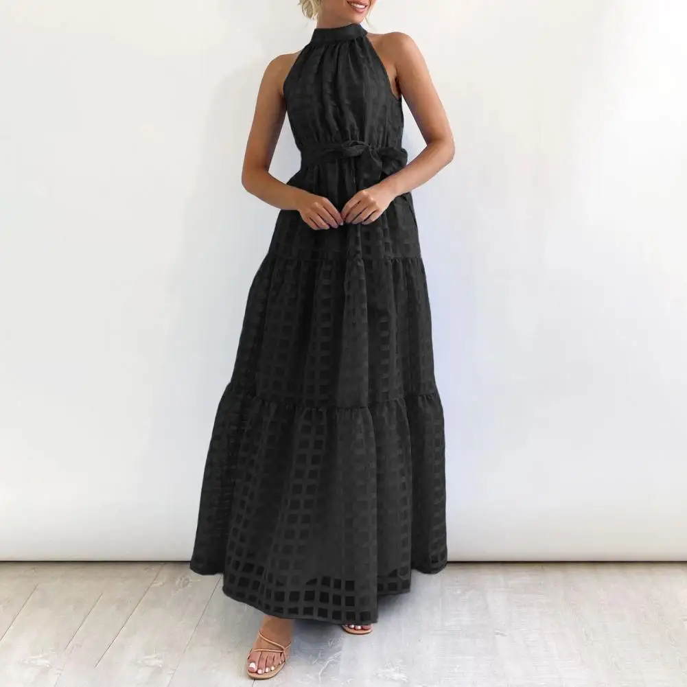 Halter Sleeveless Women Dress Grid Texture Tie Waist A-Line Ruffle Stitching Hem Solid Color Maxi Dress Streetwear
Halter Sleeveless Women Dress Grid Texture Tie Waist A-Line Ruffle Stitching Hem Solid Color Maxi Dress Streetwear