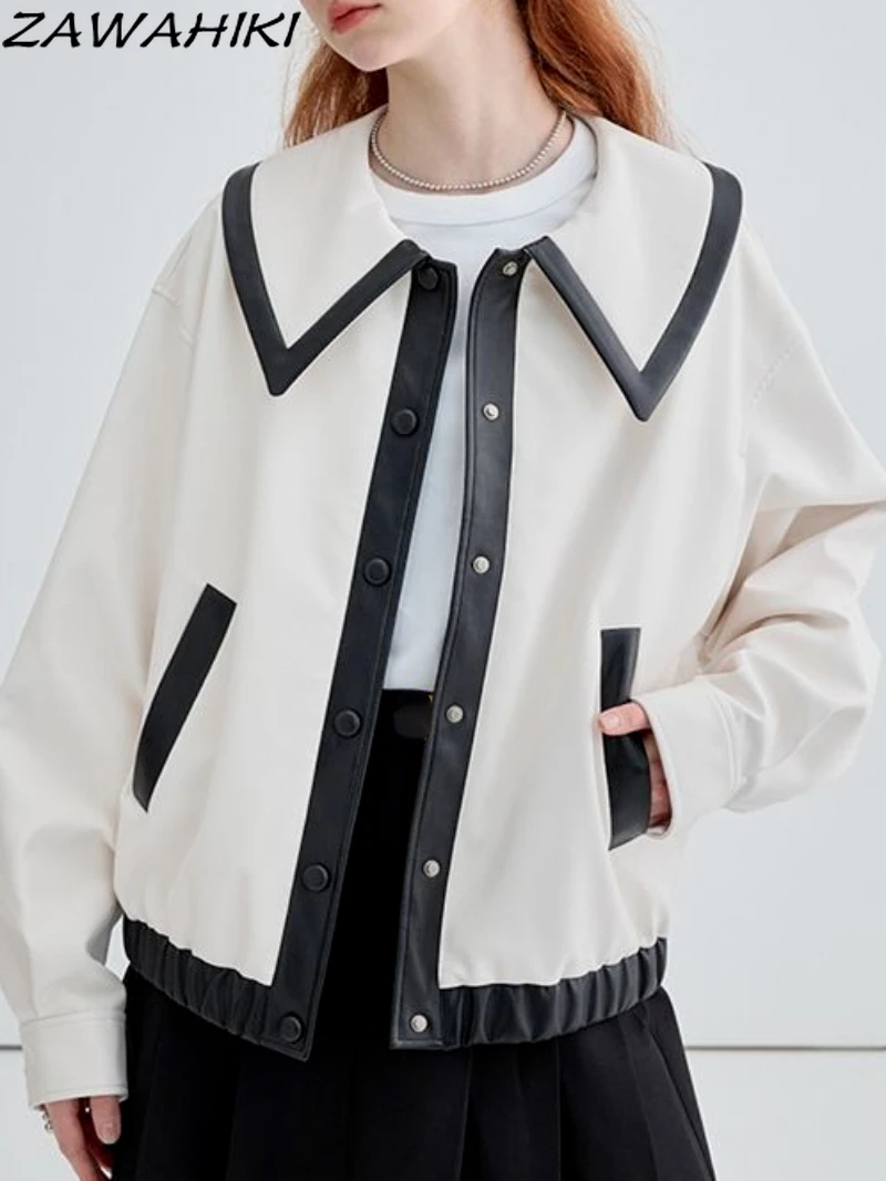 Elegant Turndown Collar Jackets Button-up Coats Autumn Winter Women French Leather Jacket Contrast Color Casual Outerwear
Elegant Turndown Collar Jackets Button-up Coats Autumn Winter Women French Leather Jacket Contrast Color Casual Outerwear