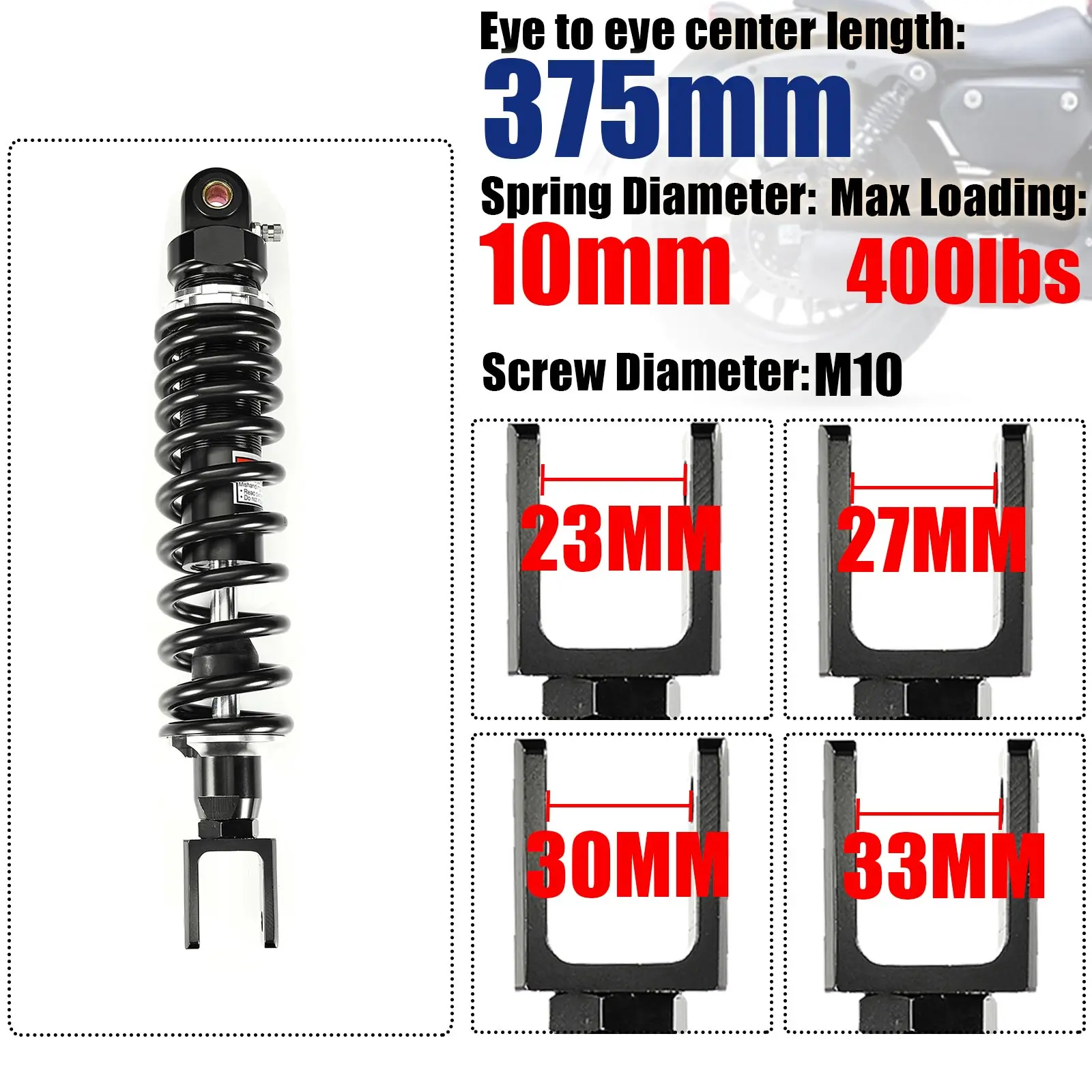 375mm Spring 10mm Fork Head Strong Motorcycle Shock Absorber Rear Suspension Motor ATV Quad Falling protection 23 27 30 33 M10
375mm Spring 10mm Fork Head Strong Motorcycle Shock Absorber Rear Suspension Motor ATV Quad Falling protection 23 27 30 33 M10