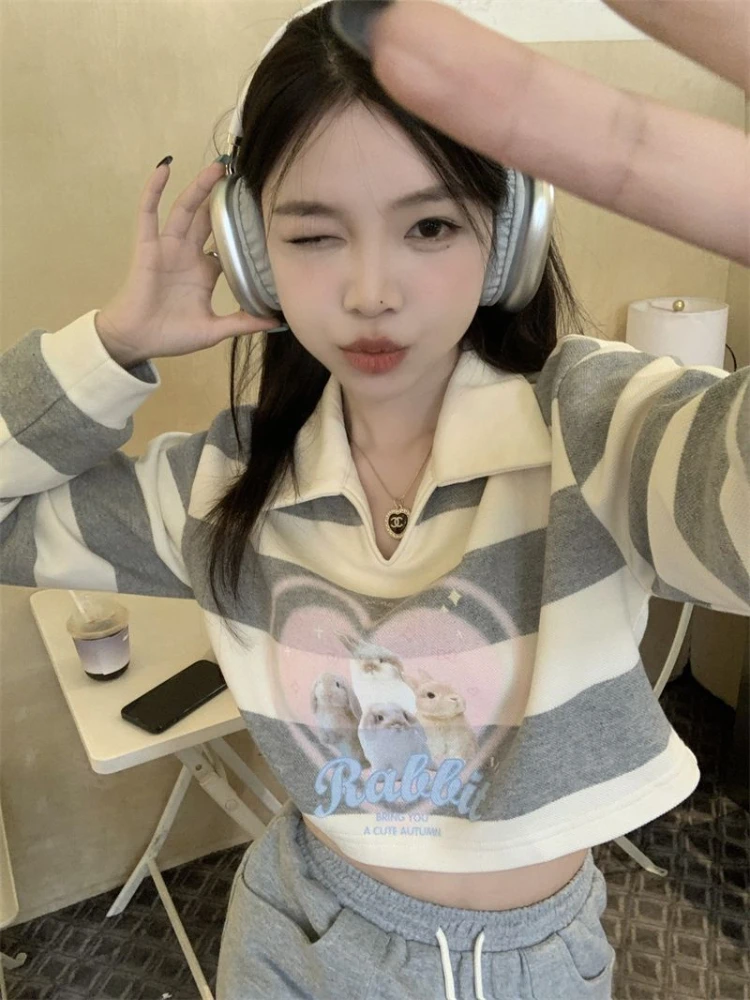 Deeptown Sweet Kawaii Rabbit Print Striped Tees Preppy Style Long Sleeve Polo T-shirts Korean Fashion Casual Loose Tops Female
Deeptown Sweet Kawaii Rabbit Print Striped Tees Preppy Style Long Sleeve Polo T-shirts Korean Fashion Casual Loose Tops Female