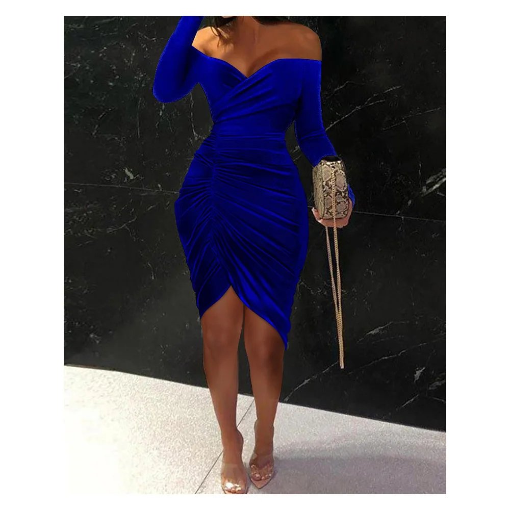 

Chicme Off Shoulder Ruched Velvet Party Dress Women Long Sleeve Midi Night Out Asymetrical Bodycon Dress Elegant Birthday Dress