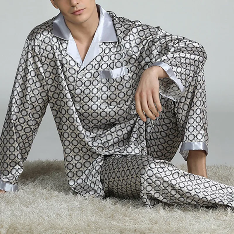 

Mens Stain Silk Pajama Sets Pajamas Men Sleepwear Modern Style Printed Silk Nightgown Home Male Satin Soft Cozy Sleeping Pajamas