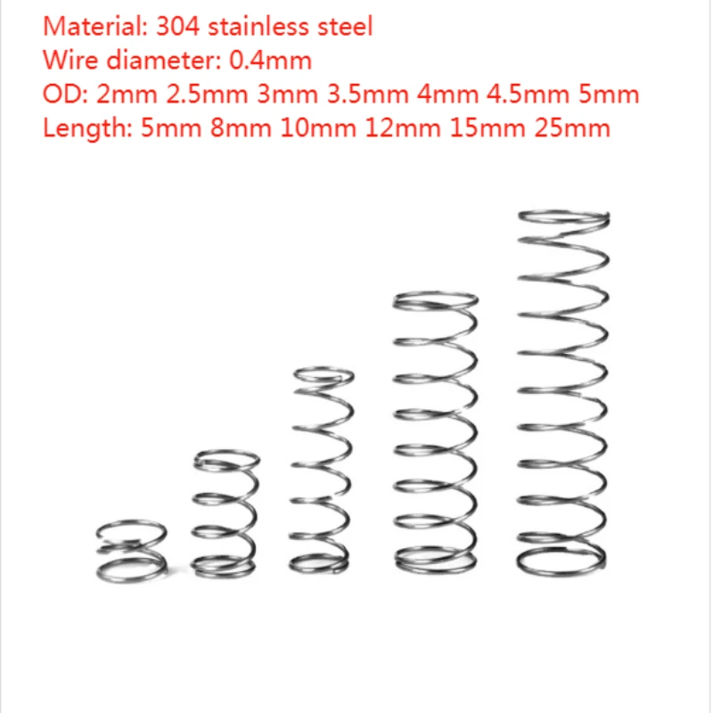 

10 шт./лот 0,4 мм 304 Нержавеющая сталь микро маленькая компрессионная пружина OD 2/2, 5/3/3, 5/4/4/5 мм длина 5 мм 8 мм 10 мм 12 мм 15 мм 25 мм