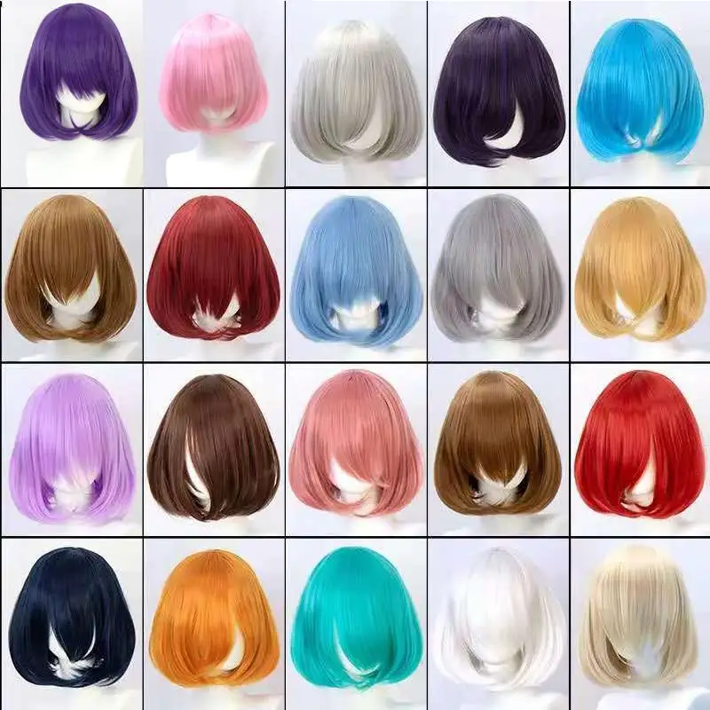 

Xnaira Synthetic short bob straight hair with trimmable bangs Lolita Ombre pink red blue purple cosplay wig for women short wigs