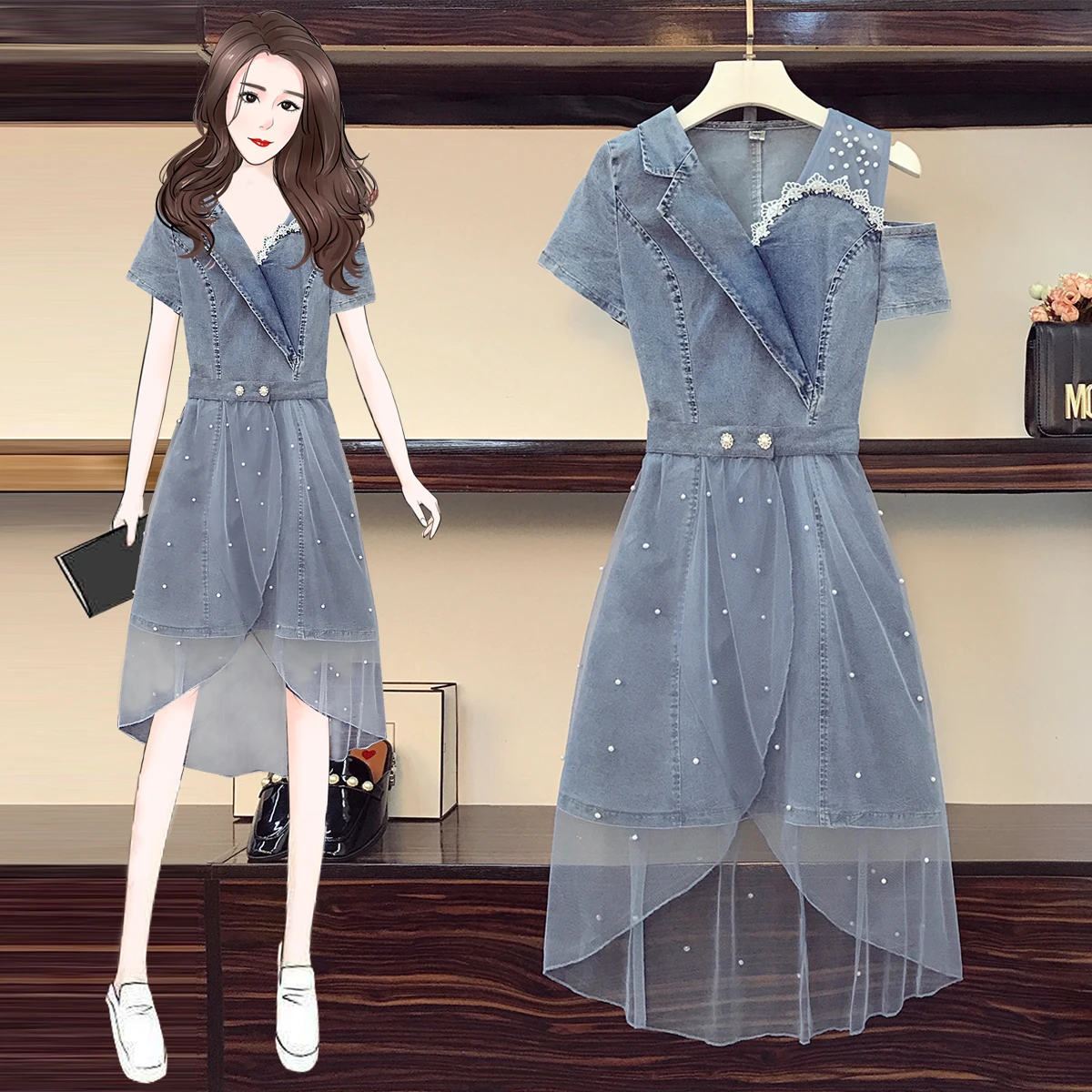 M-4XL Summer Elegant Denim Two Piece Set Fashion Women V Neck Jean Dress + Beading Mesh Skirts Suit
M-4XL Summer Elegant Denim Two Piece Set Fashion Women V Neck Jean Dress + Beading Mesh Skirts Suit