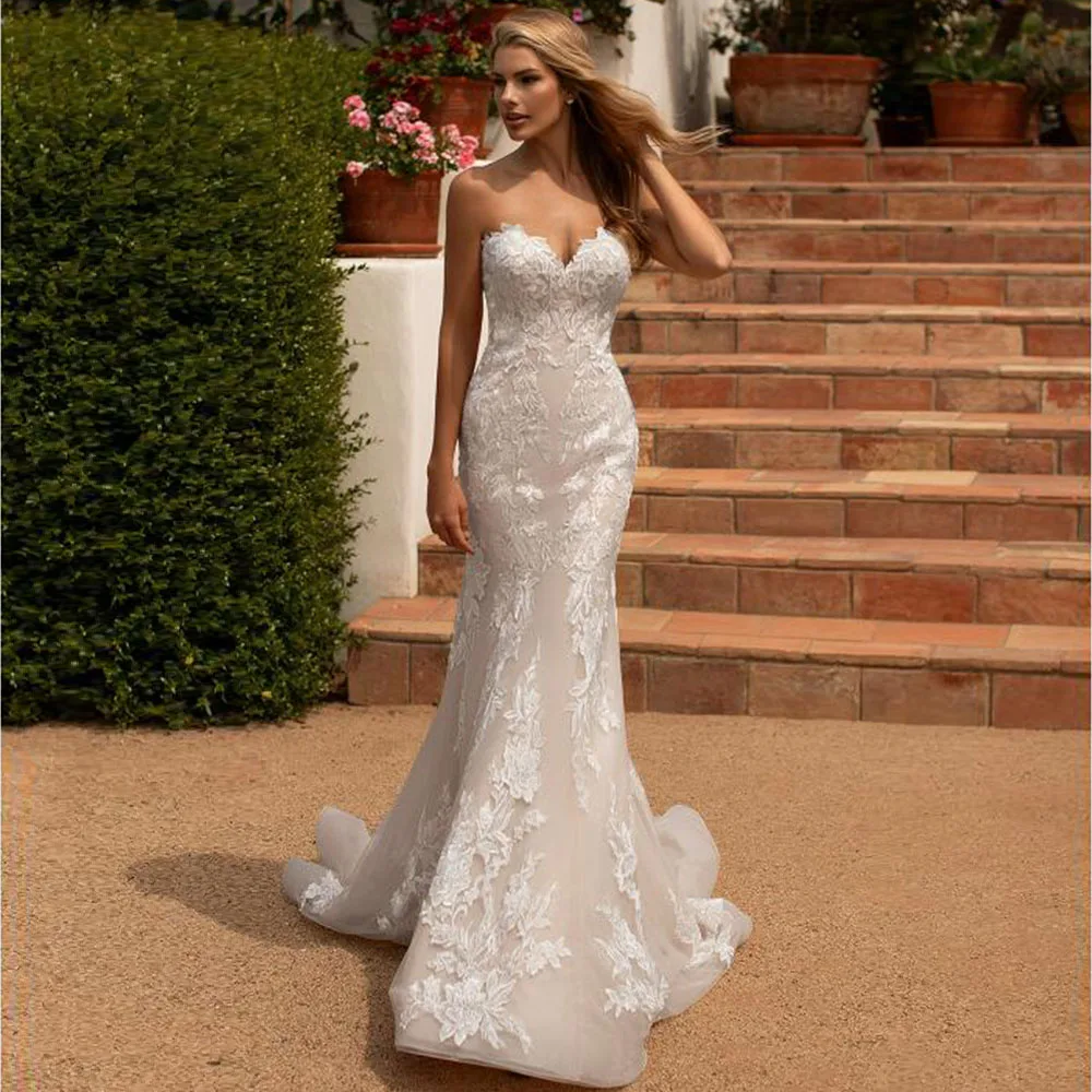 Mermaid Wedding Dress 2022 Sweetheart Sleeveless SweepTrain Lace Wedding Gowns Trumpet Zipper-up Elegant Beach Bridal Dresses
Mermaid Wedding Dress 2022 Sweetheart Sleeveless SweepTrain Lace Wedding Gowns Trumpet Zipper-up Elegant Beach Bridal Dresses