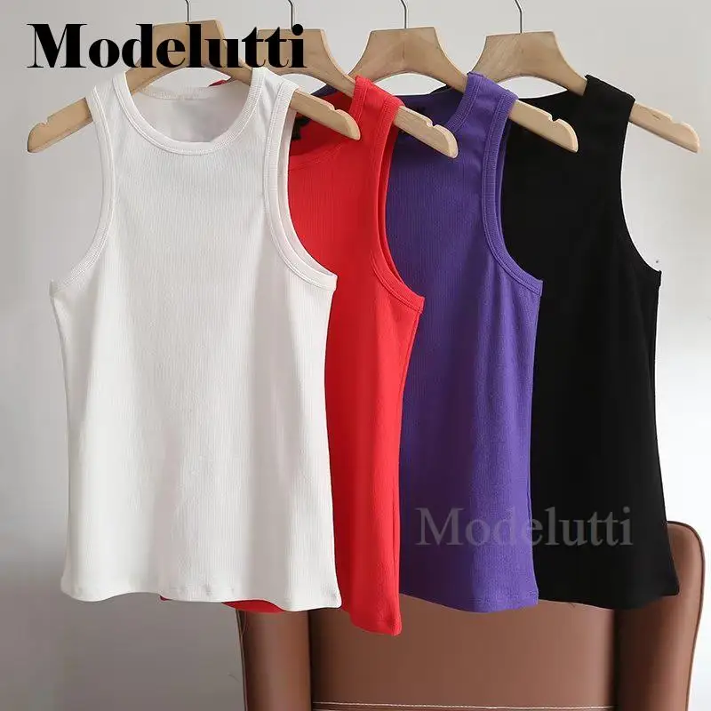 

Modelutti 2023 New Summer Fashion Sleeveless Ribbing Vest Women Slim Basic Solid Simple Casual Commute Tops Female Chic Tank