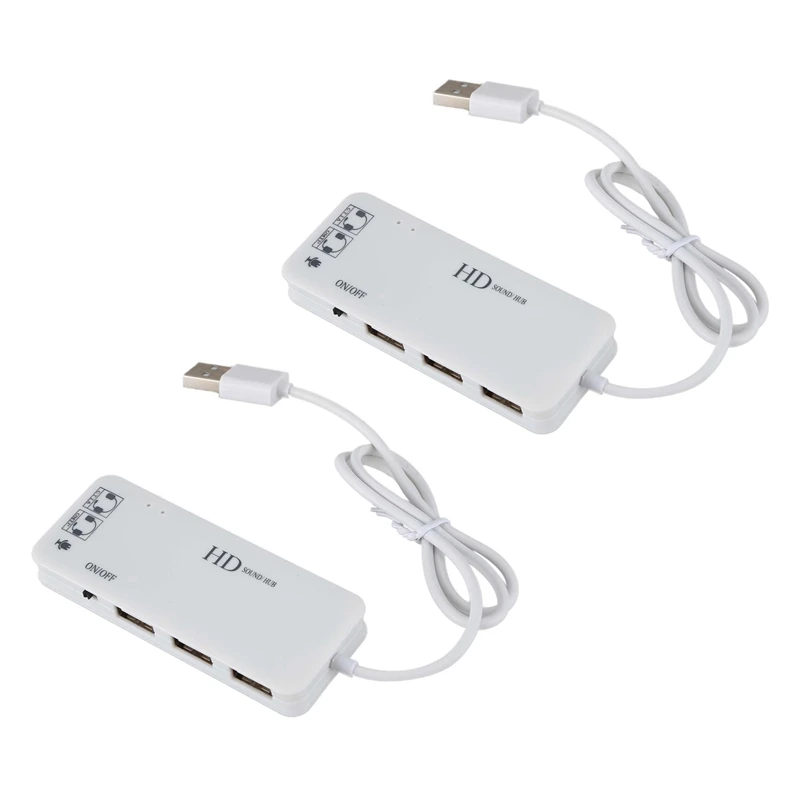 

2X 3 Port USB 2.0 Hub External 7.1Ch Sound Card Headset Microphone Adapter For Pc White