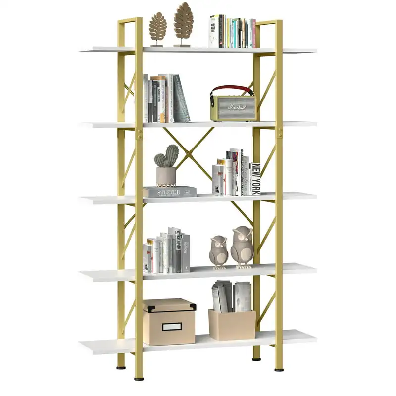 

Книжные полки и книжный шкаф 5 уровней, стальной отдельно стоящий открытый стеллаж для хранения, органайзер для дома и офиса, золотой и белый ki
