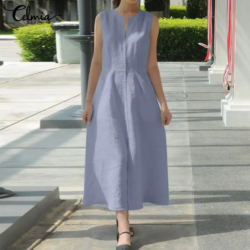 Celmia Sleeveless Belted Maxi Dress Cotton Casual 2022 Summer Tank Vestidos Women V Neck Vintage Sundress Holiday Long Robes 
Celmia Sleeveless Belted Maxi Dress Cotton Casual 2022 Summer Tank Vestidos Women V Neck Vintage Sundress Holiday Long Robes