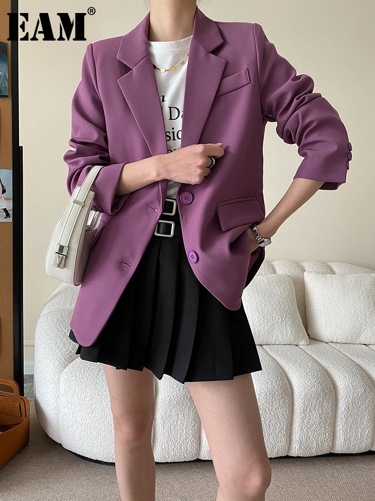 

[EAM] женский фиолетовый Повседневный Блейзер на пуговицах, большие размеры, новая куртка с длинными рукавами и лацканами, модная демисезонная 2023 1DF6120